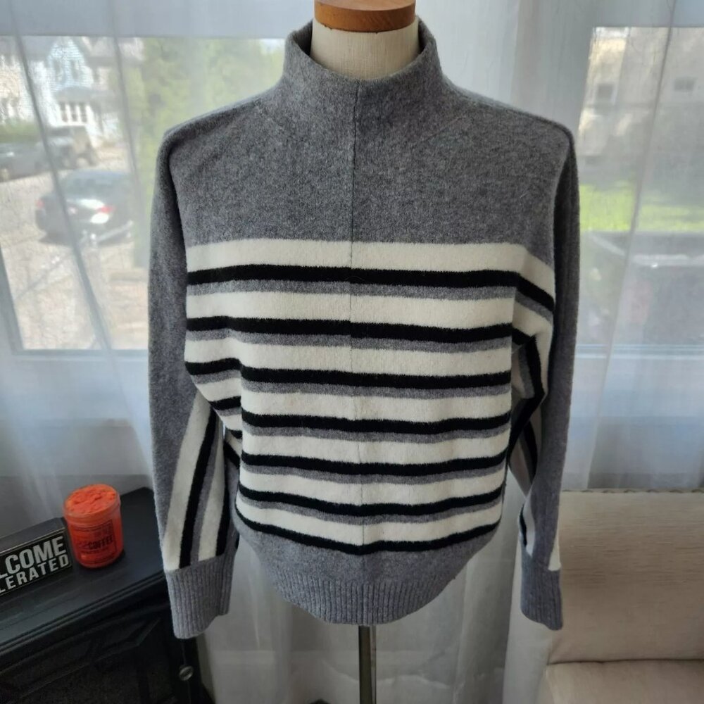 Loft Sweater Gray Black Cream Mock Neck Soft Pullover Long Dolman Sleeve S